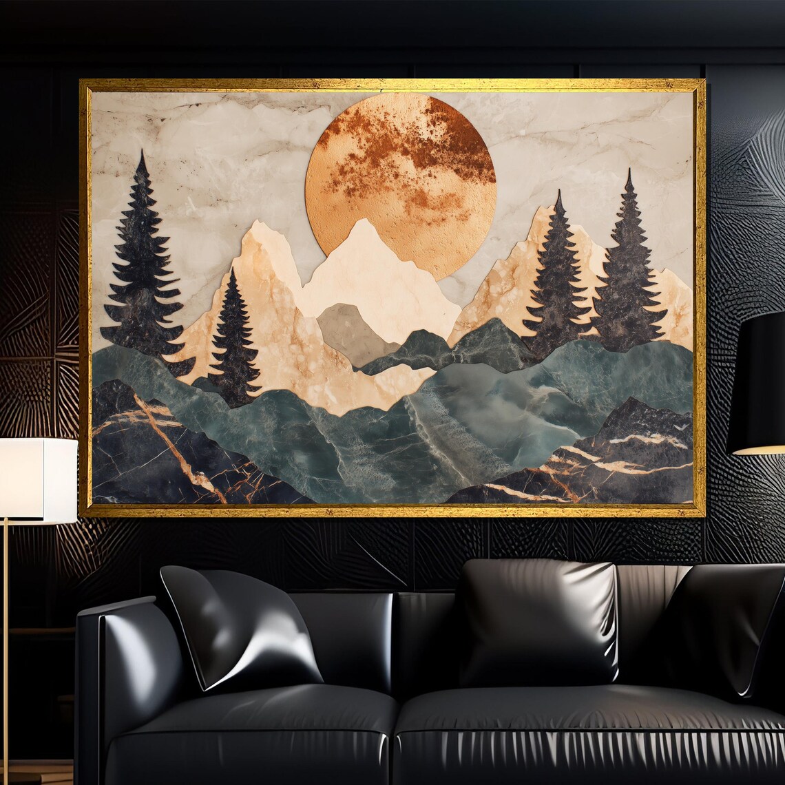 Golden Sun Over Marble Mountain Forest Abstract Landscape Poster