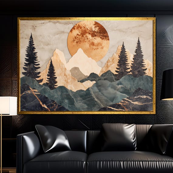 Golden Sun And Marble Mountain Forest Painting Unique Wall Art Gift For White Room And Modern Nature Decor