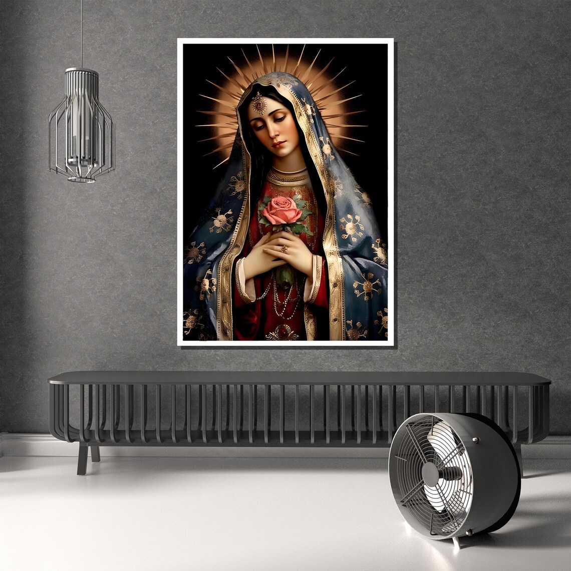 Virgin Mary Holding Rose Halo Guadalupe Style Religious Poster - Image 4