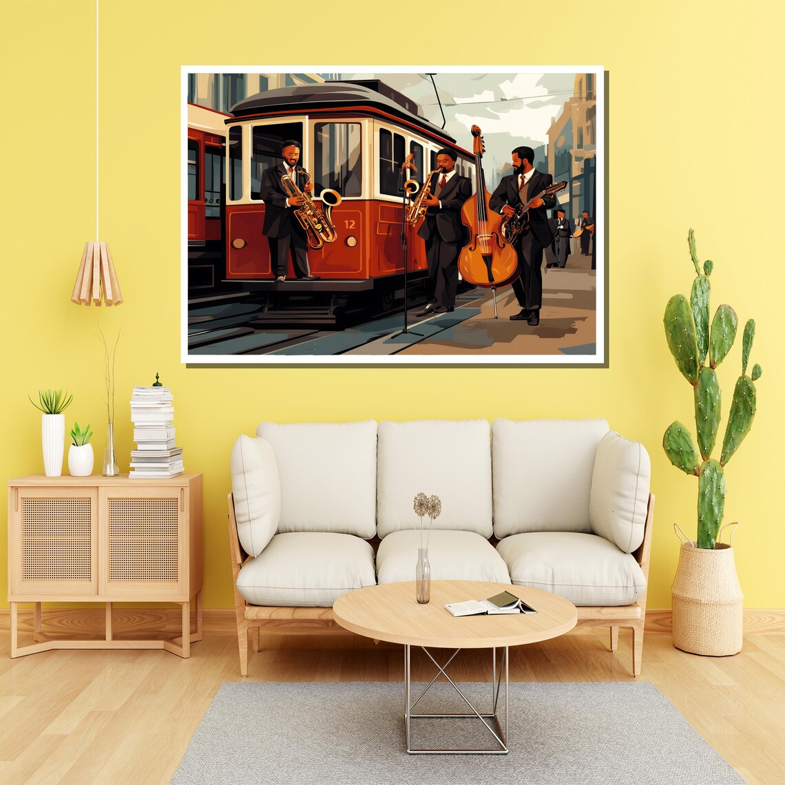 Jazz Trio Street Musicians Vintage Red Tram Retro Wall Poster - Image 2