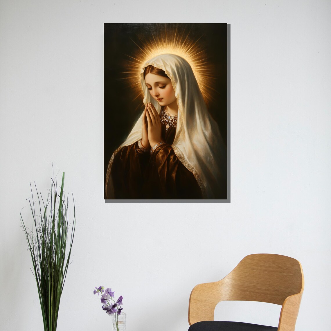 Praying Virgin Mary White Veil Golden Halo Religious Art Poster - Image 3