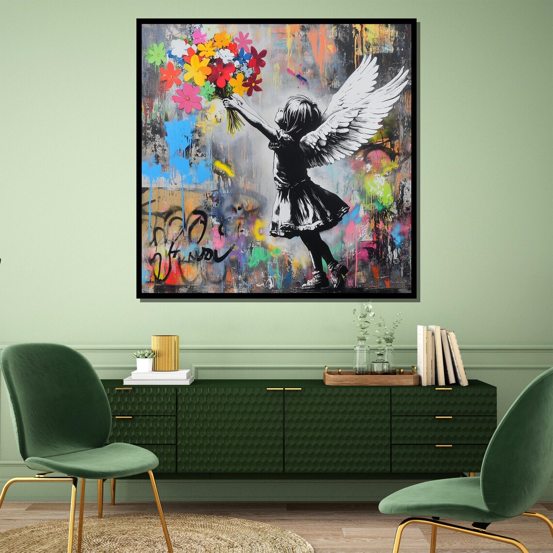 Angel Girl Holding Colorful Flowers Graffiti Style Art Poster - Image 4