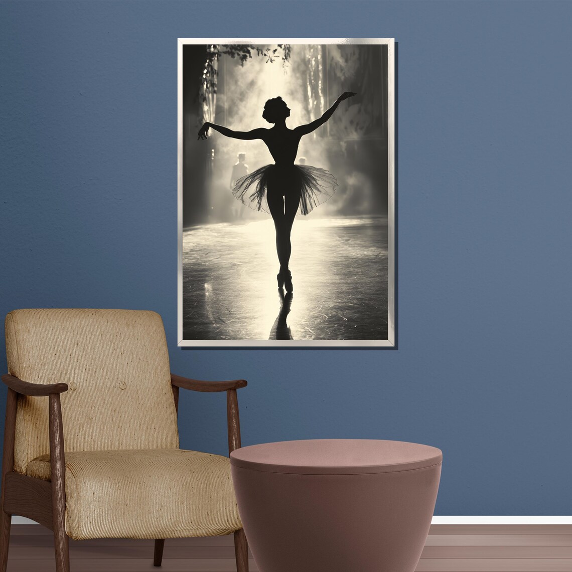 Black and White Ballerina Silhouette En Pointe on Stage Poster - Image 3