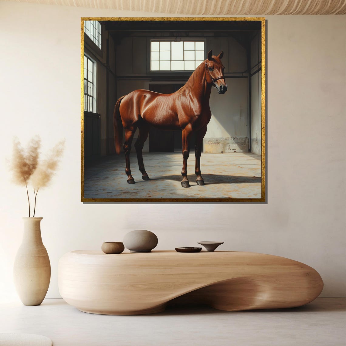 Chestnut Horse in a Sunlit Stable Interior Realistic Equestrian Poster