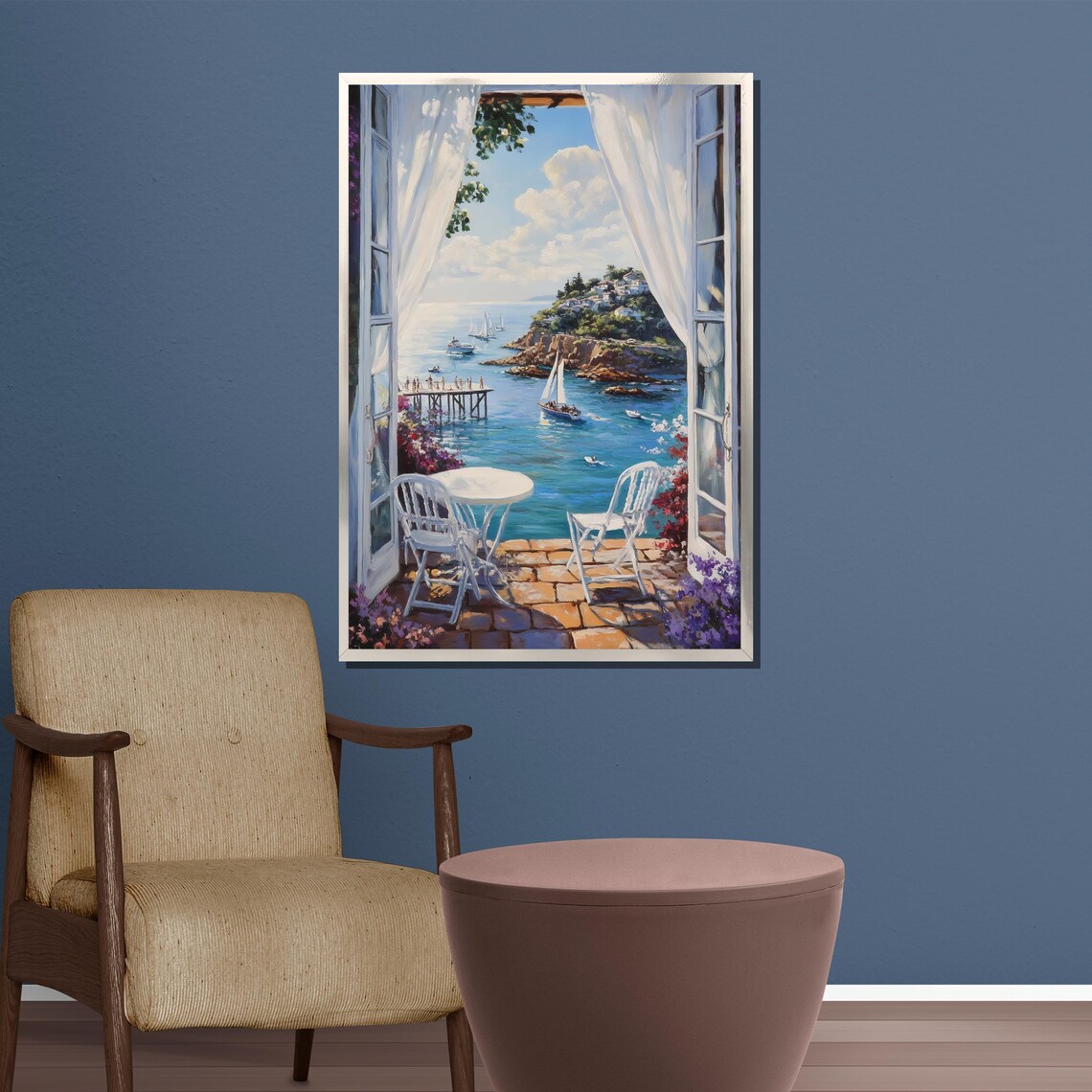 Sunlit Balcony Overlooking The Sea With Sailboats Painting Poster - Image 4