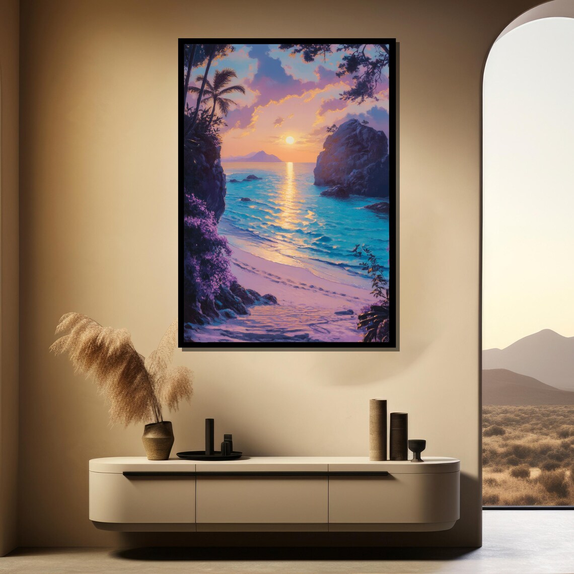 Tropical Sunset Cove Rocky Cliffs Bougainvillea Beach Poster - Image 4