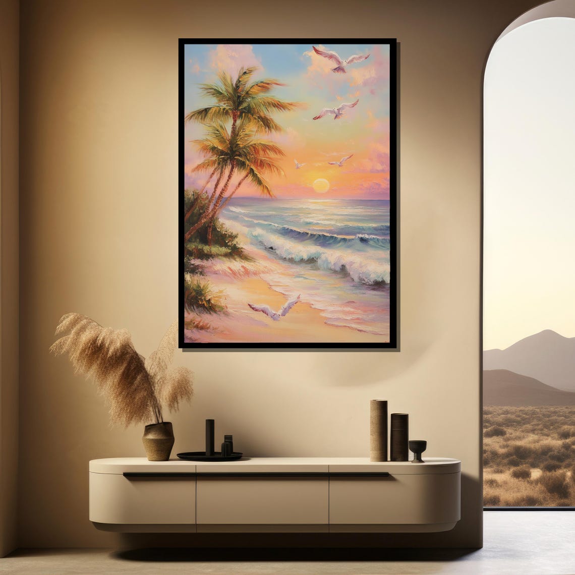 Tropical Beach Sunset Palm Trees and Soaring Seagulls Poster - Image 4