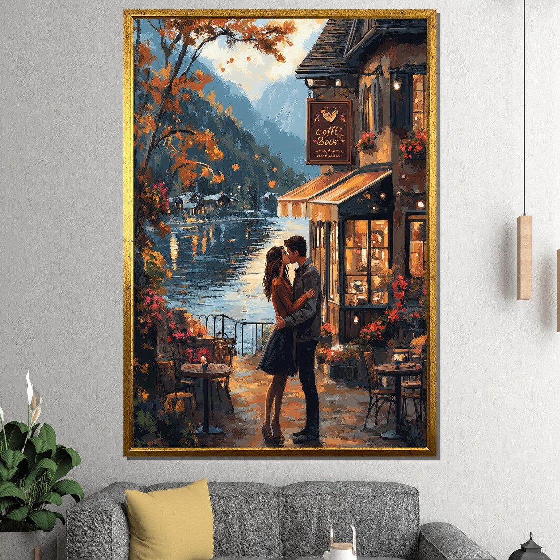 Romantic Lakeside Cafe Autumn Kiss Mountain Terrace Art Poster