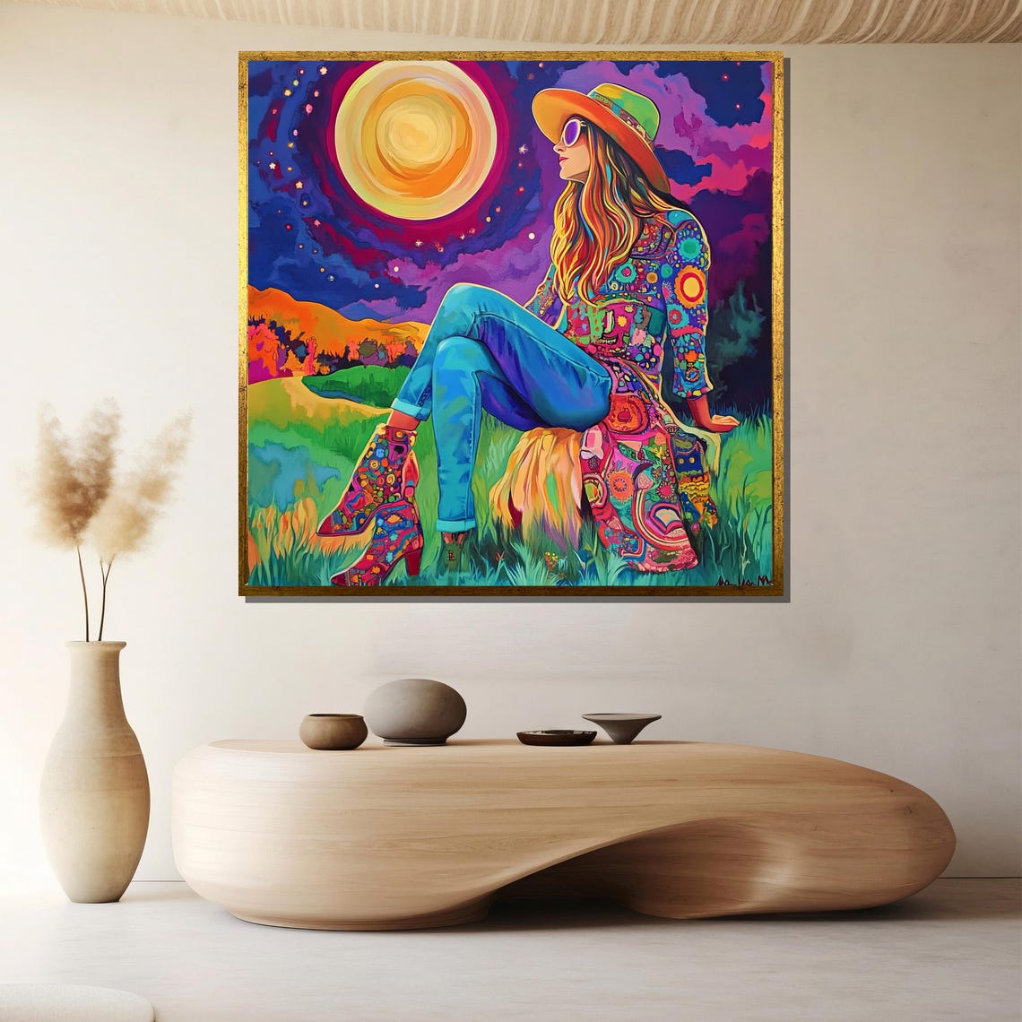 Bohemian Woman Gazing at Giant Moon in Psychedelic Sky Art Poster