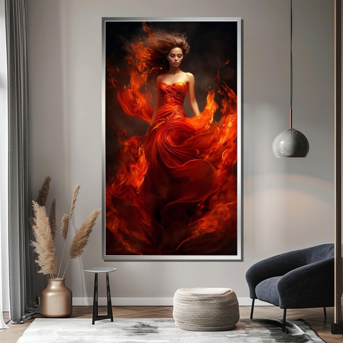 Dramatic Fiery Woman In Flaming Red Dress Against Smoke Poster - Image 4
