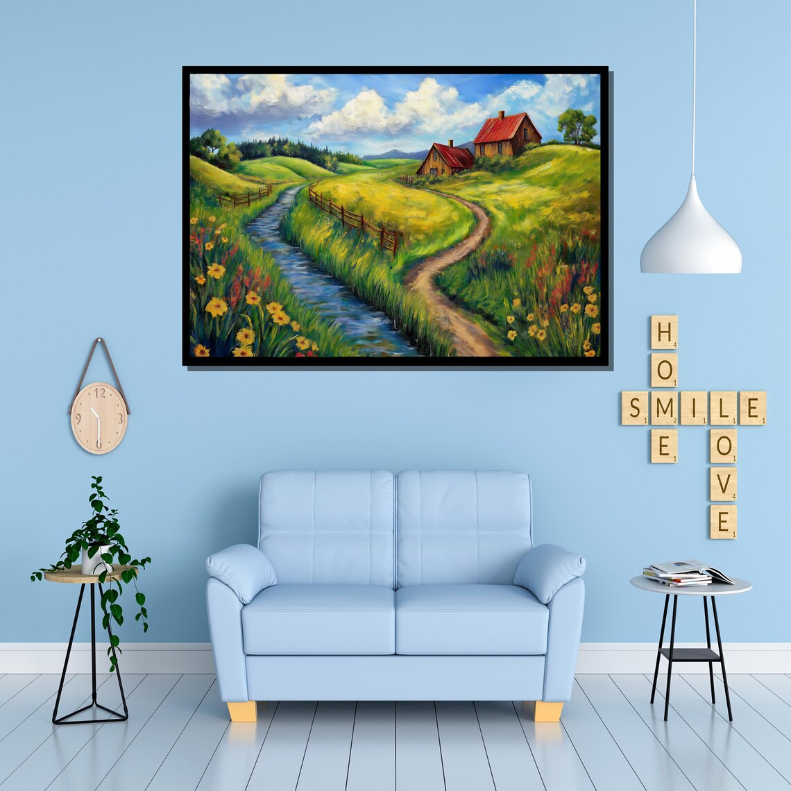 Red Roof Barns On Rolling Green Hills Stream Country Art Poster - Image 4