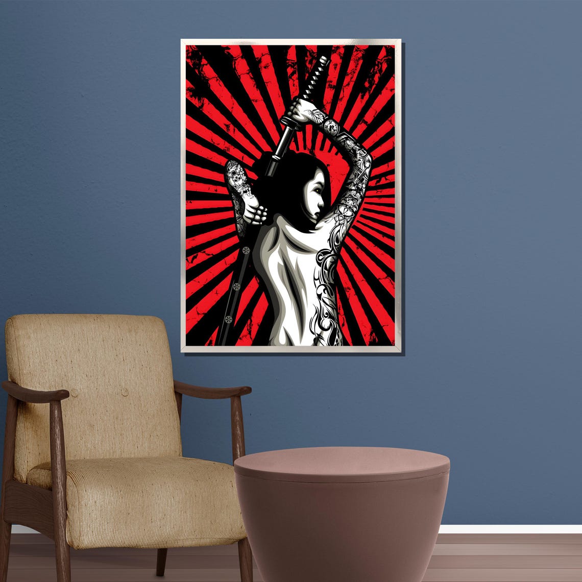 Tattooed Samurai Woman Raising A Katana Before Red Sunburst Poster - Image 3