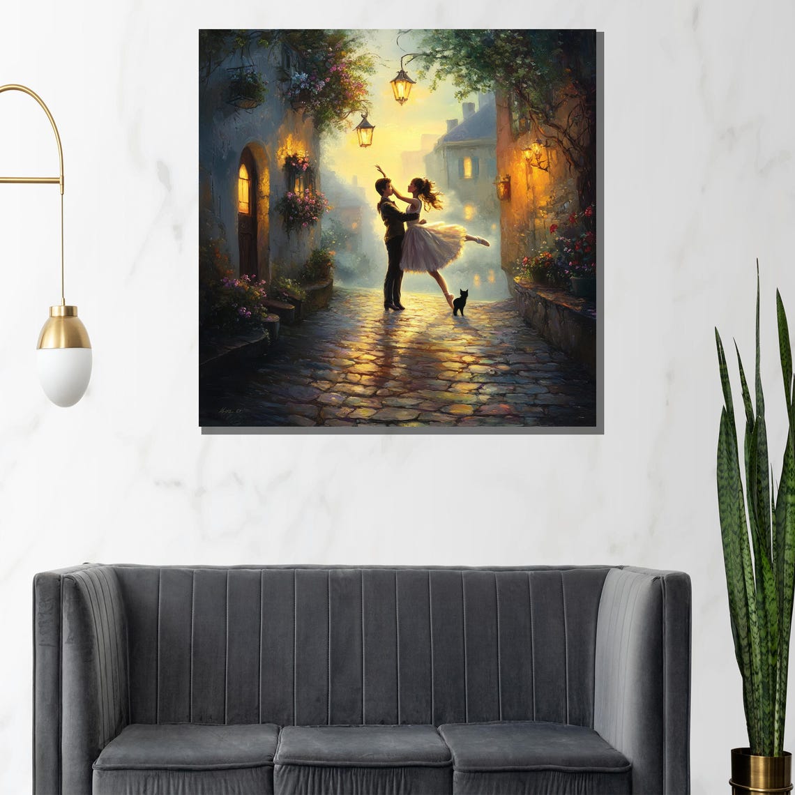 Romantic Street Dance On Cobblestone Lane Lantern Glow Art Poster - Image 2