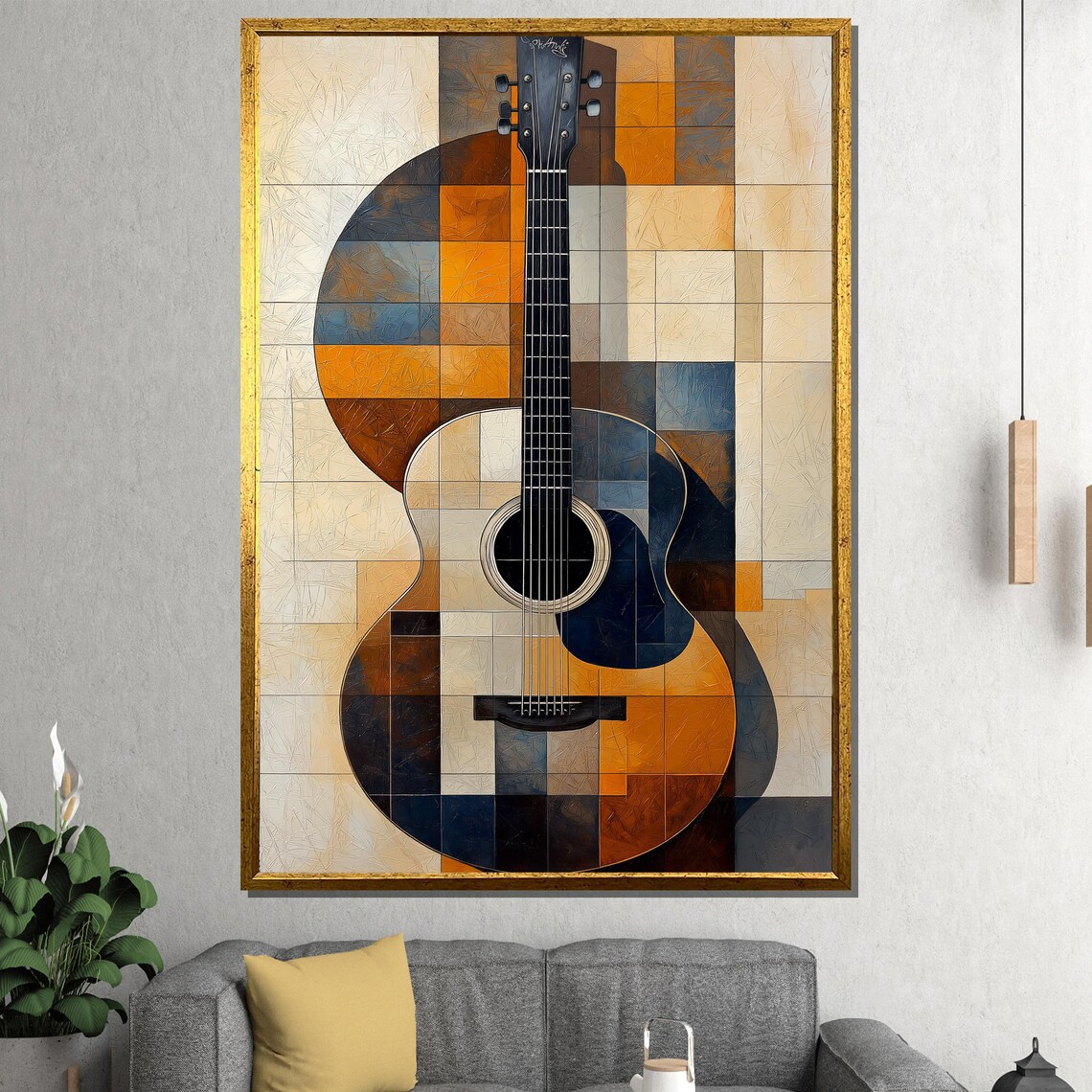 Modern Acoustic Guitar Painting in Geometric Warm Mosaic Poster