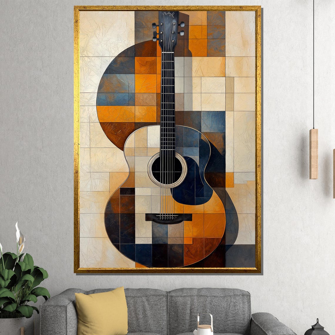 Modern Guitar Painting Abstract Acoustic Instrument Art Gift In Bold Geometric Patterns And Warm Tones