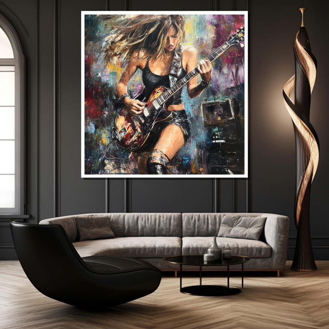 Female Rock Guitarist Shredding Electric Guitar on Stage Poster - Image 2
