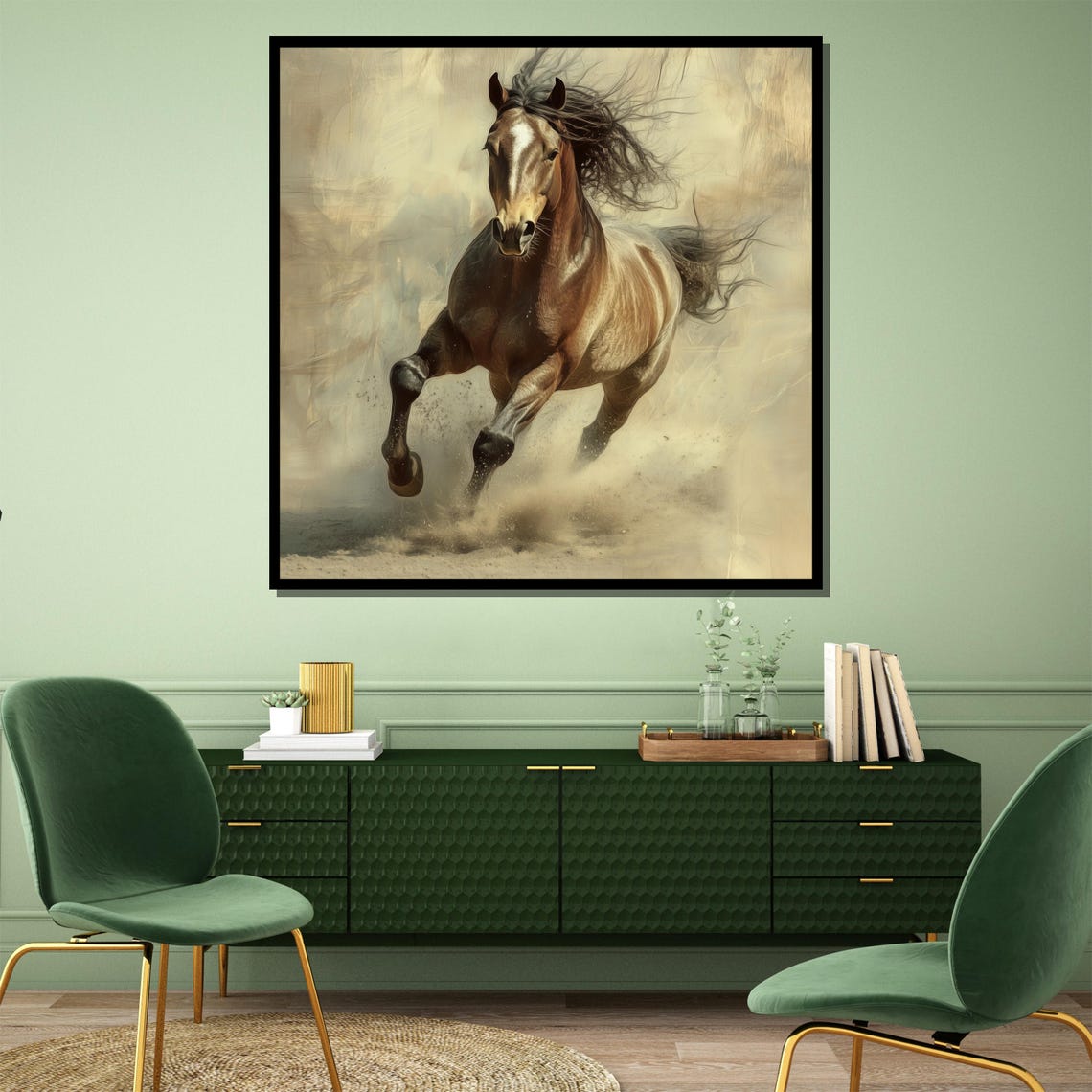 Brown Horse Galloping Through Soft Golden Dust Clouds Poster - Image 4