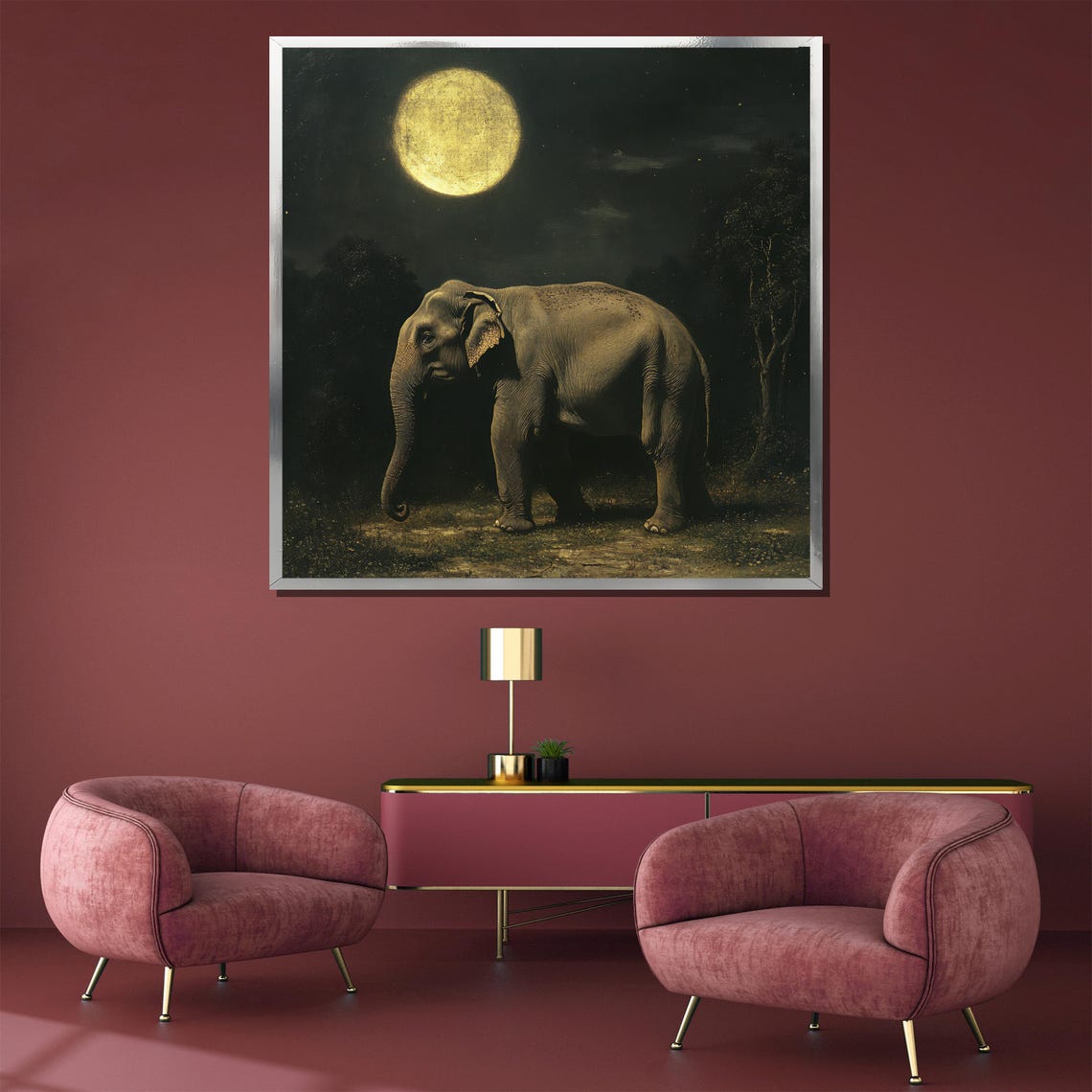 Elephant Under Golden Full Moon On Dark Savanna Night Poster - Image 3