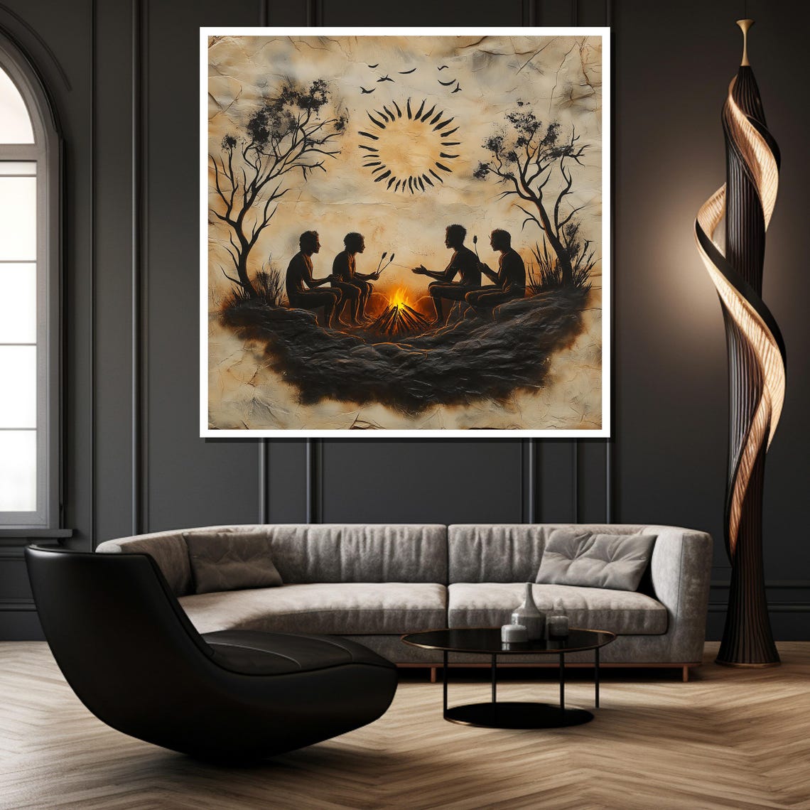 Tribal Campfire Gathering Under Radiant Sun Sepia Toned Art Poster - Image 2