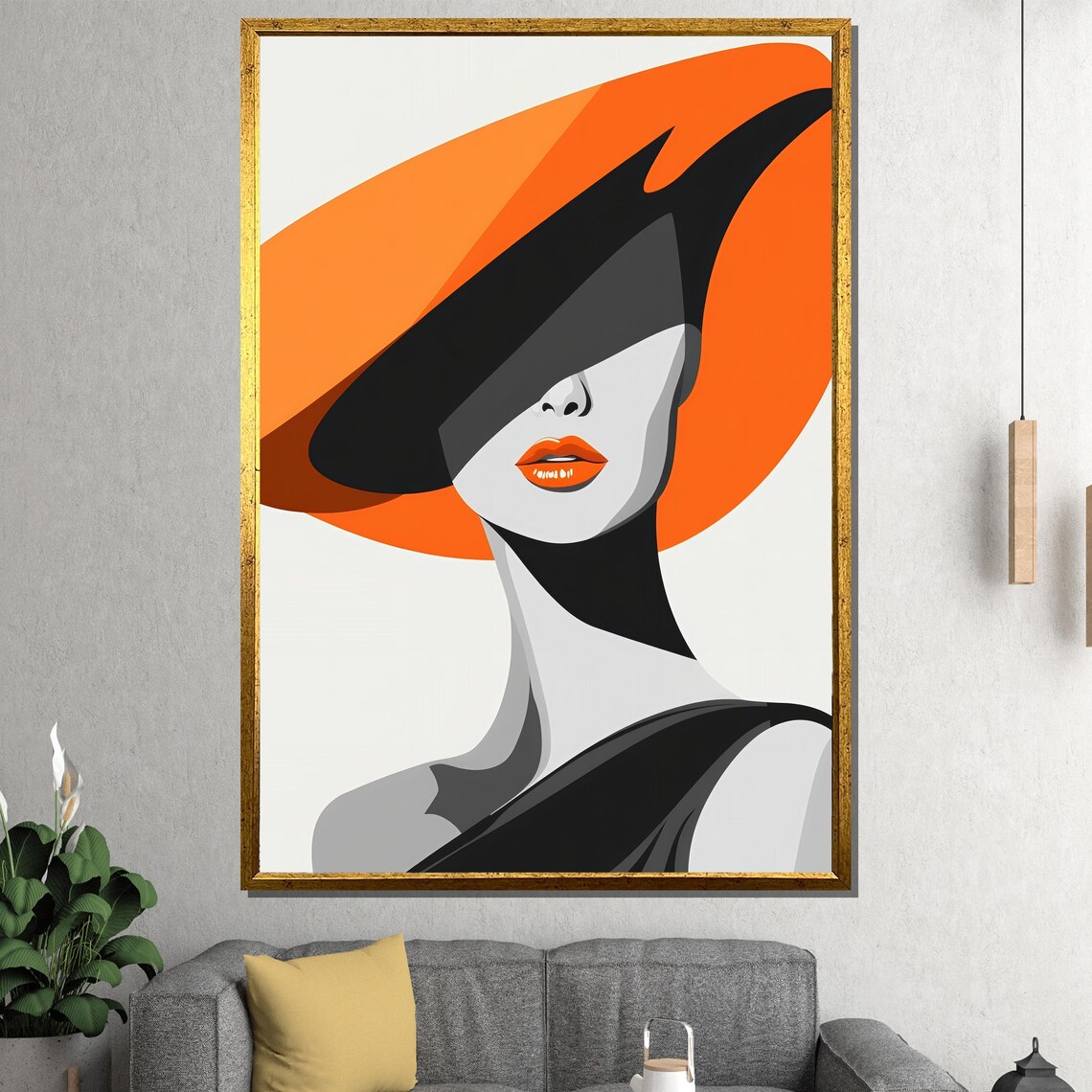 Bold Orange Hat Woman Minimalist Chic Fashion Graphic Wall Art