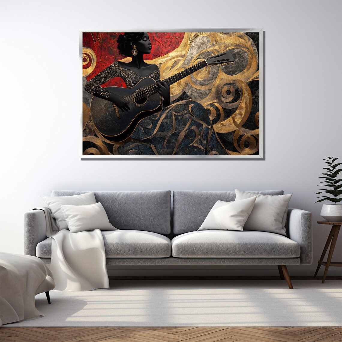 Elegant Woman Playing Acoustic Guitar in Swirling Gold Poster - Image 3