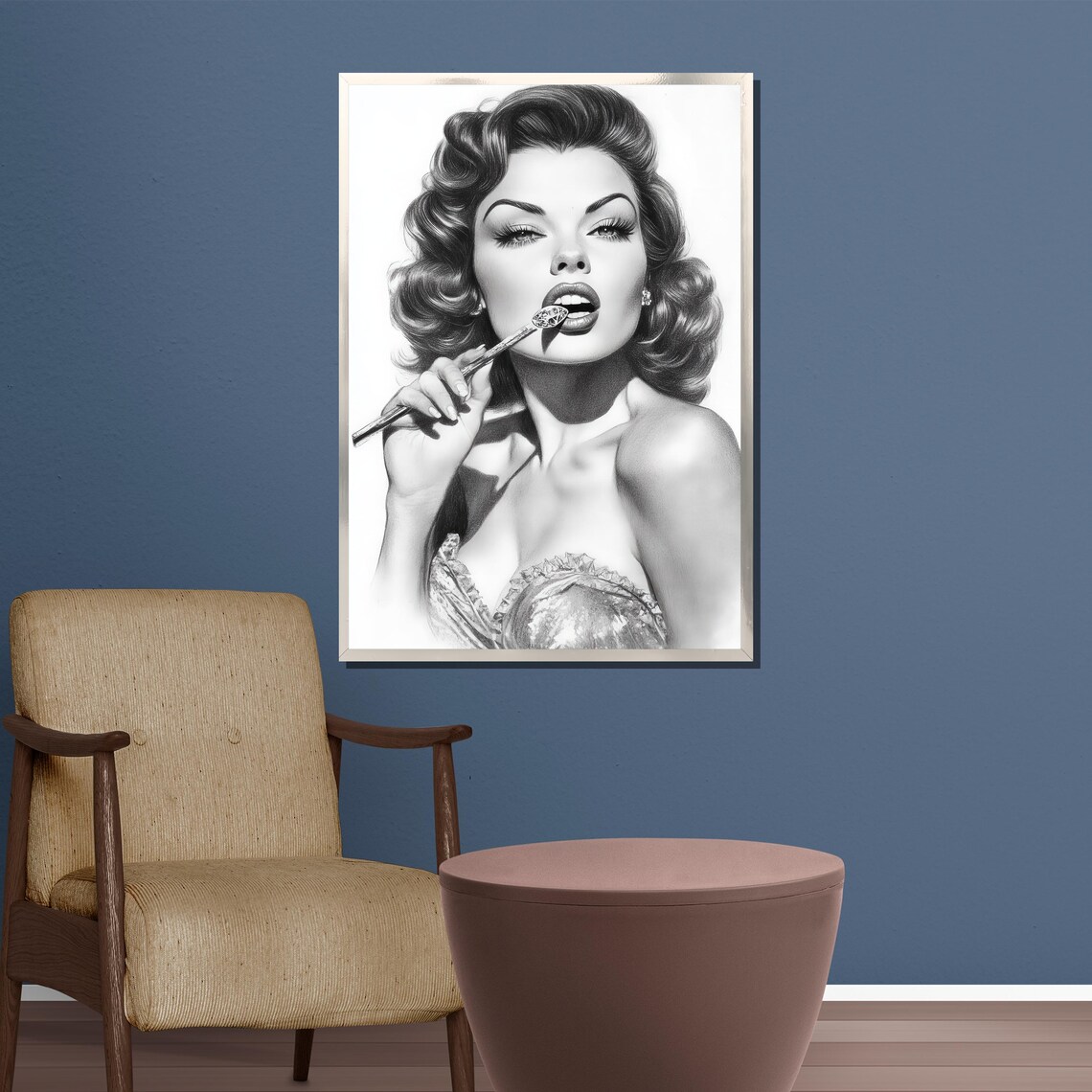 Retro Pin Up Woman Portrait With Cigarette Holder Black White Poster - Image 4