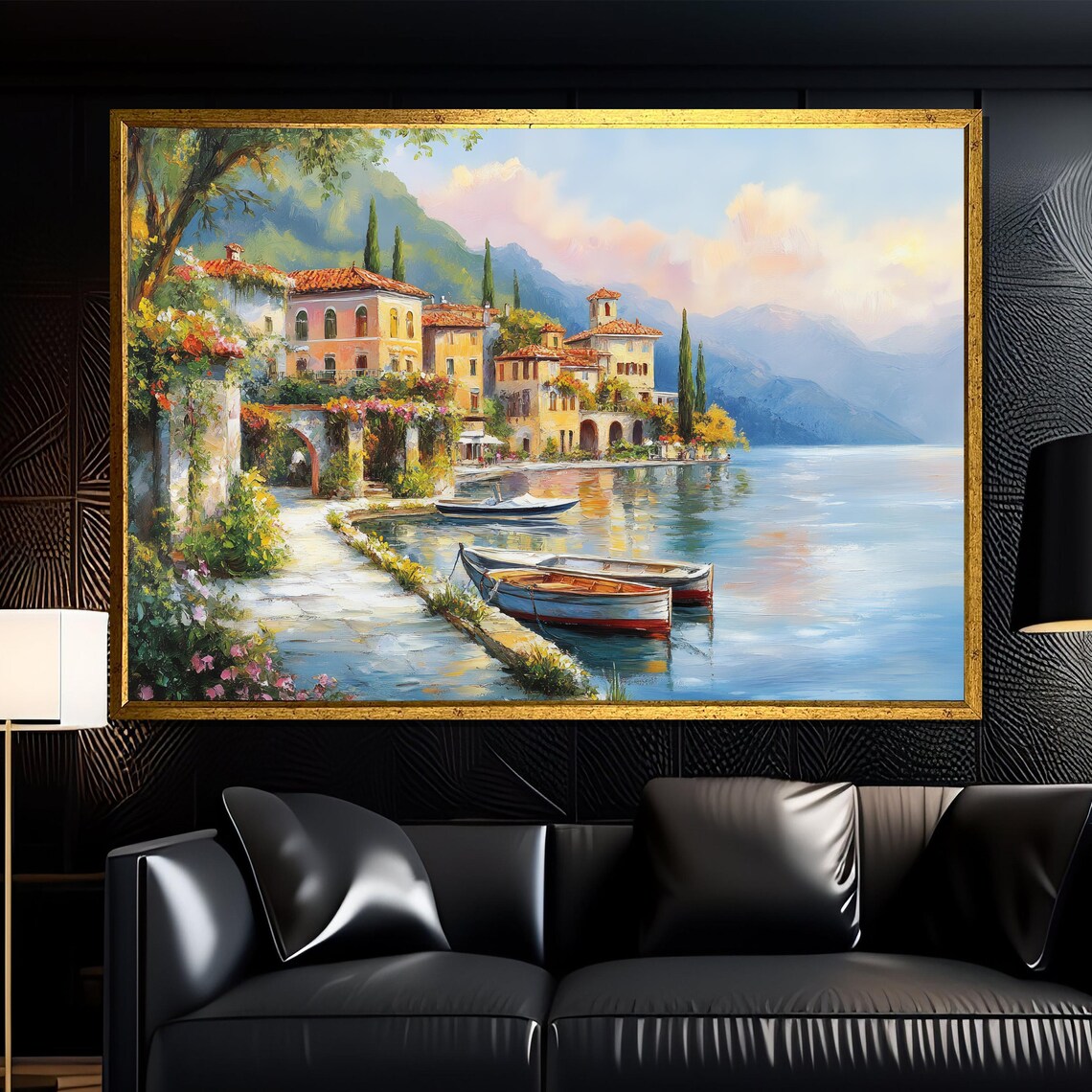 Charming Lakeside Village Villas Boats Mediterranean Art Poster