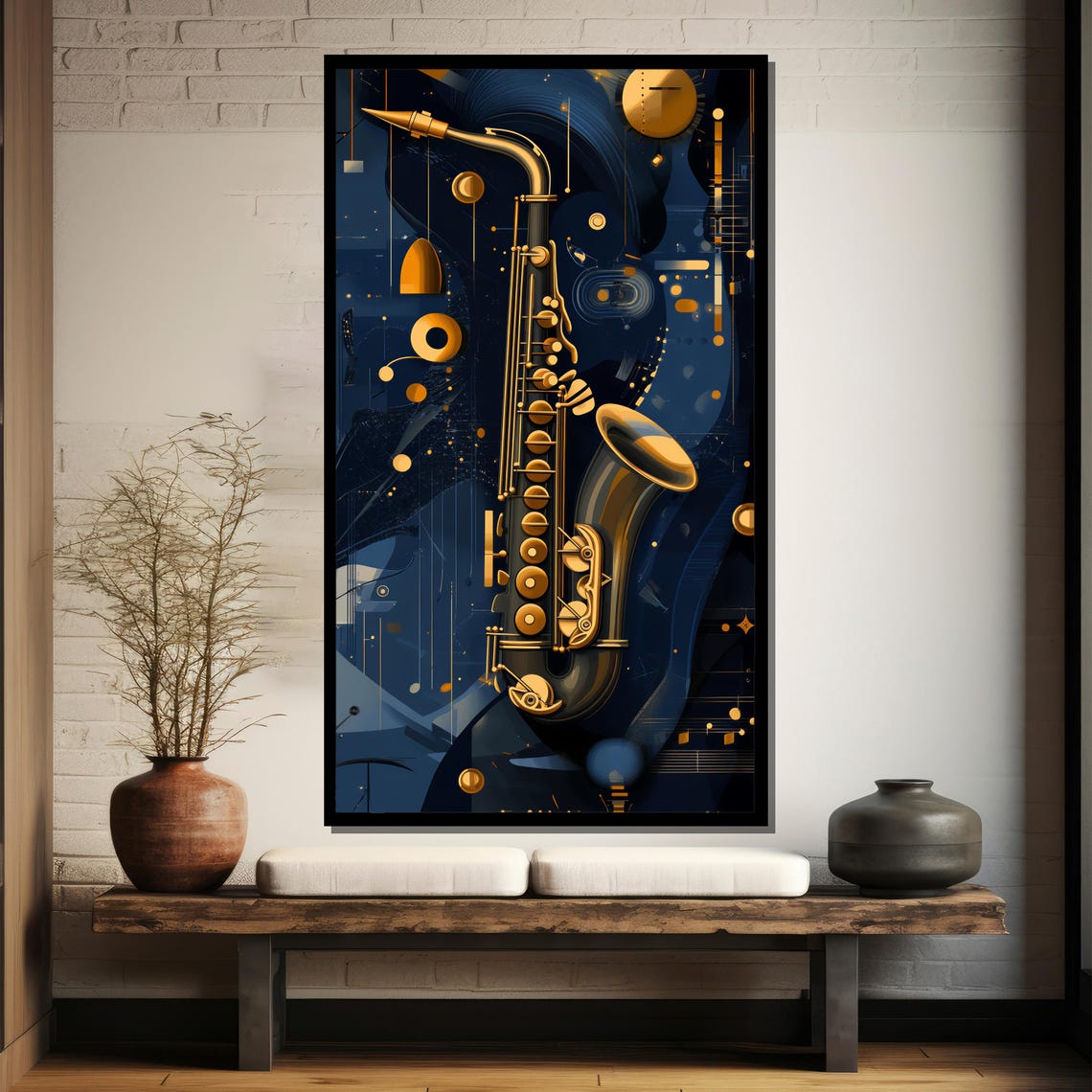 Golden Saxophone Floating on Midnight Blue Cosmic Modern Art Poster - Image 4