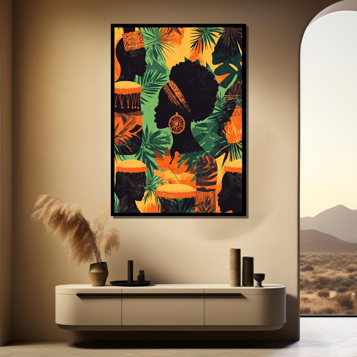 African Silhouettes and Drums in Lush Jungle Leaves Art Poster - Image 4