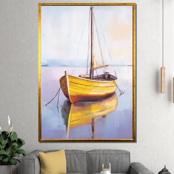 Yellow Boat Painting Nautical Wall Art With Calm Sea Reflection Coastal Home Decor Gift For Beach And Ocean Lovers