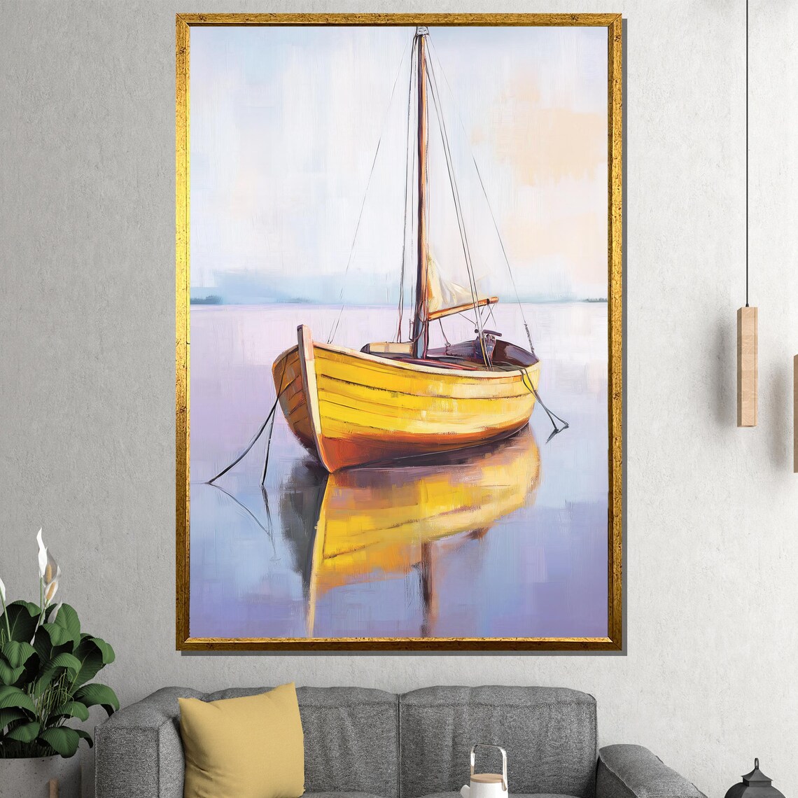 Bright Yellow Wooden Boat Calm Water Mirror Reflection Poster