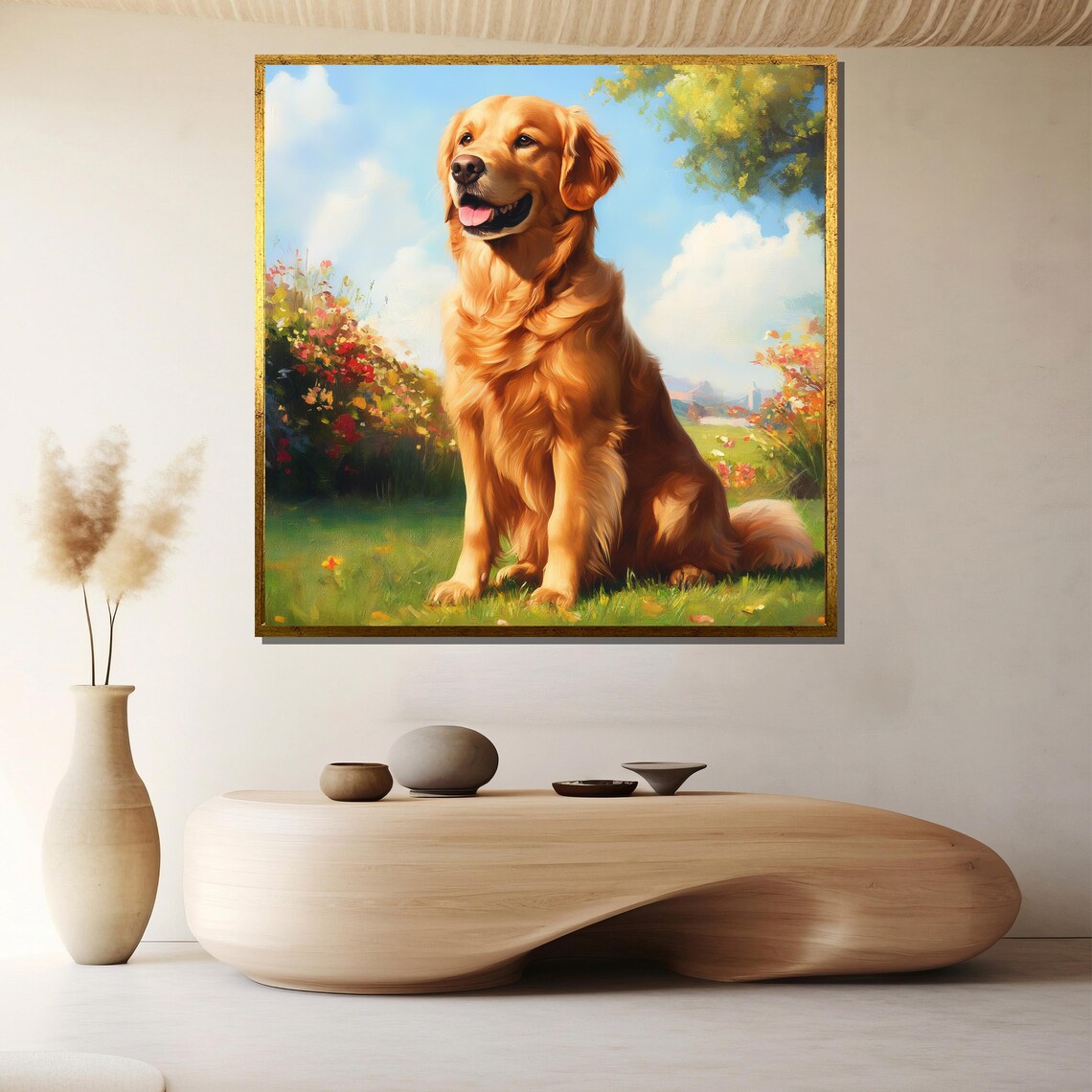 Golden Retriever Sitting In A Sunny Blooming Flower Garden Poster