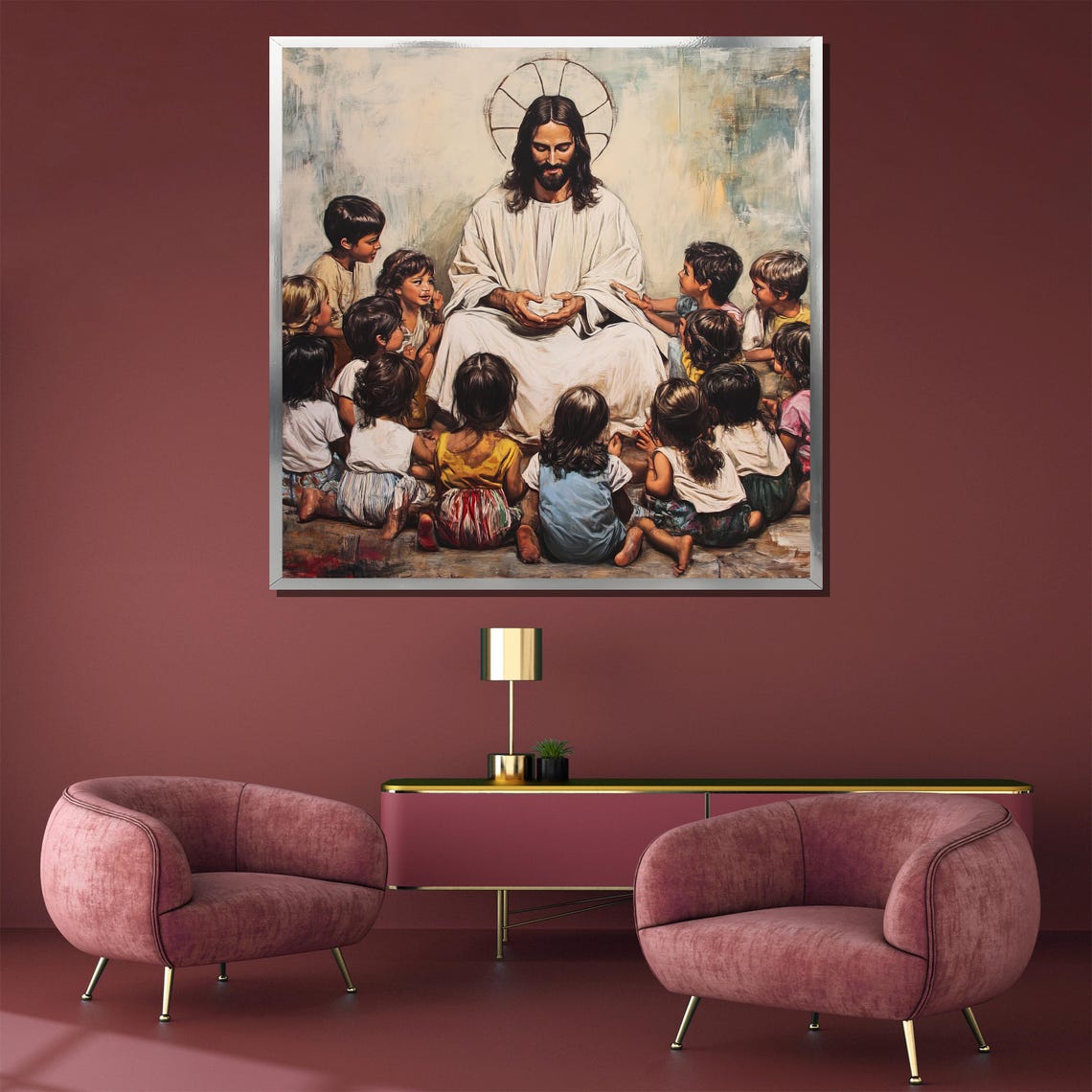 Jesus with Children Gathering Biblical Scene Christian Poster - Image 5