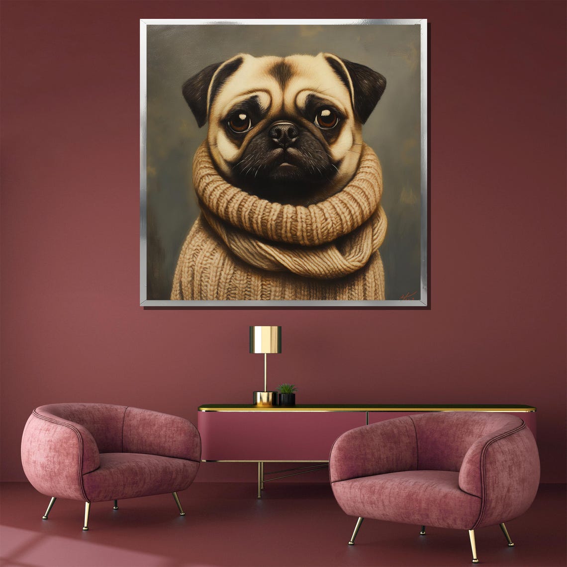 Cozy Pug Wrapped in a Chunky Knit Sweater Cute Dog Lover Poster - Image 3