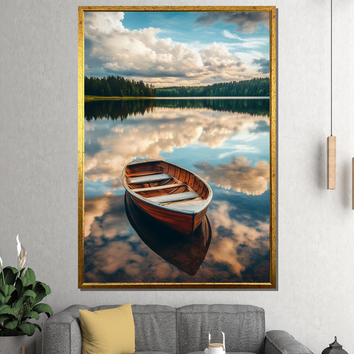 Tranquil Lake Reflection Wooden Rowboat Peaceful Nature Poster