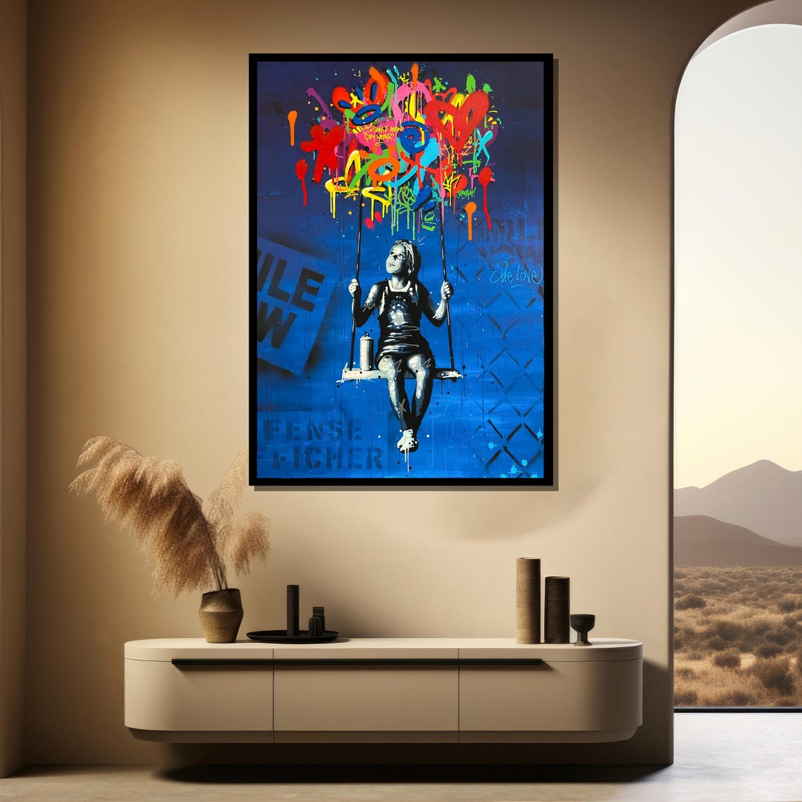 Girl On A Swing Beneath A Colorful Graffiti Balloon Cloud Poster - Image 4