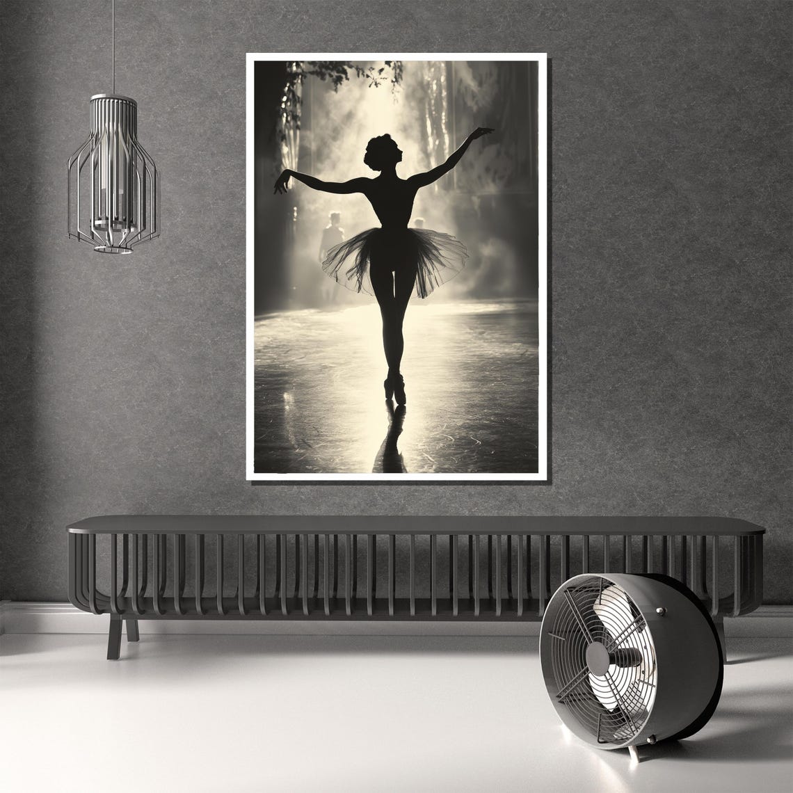 Black and White Ballerina Silhouette En Pointe on Stage Poster - Image 2