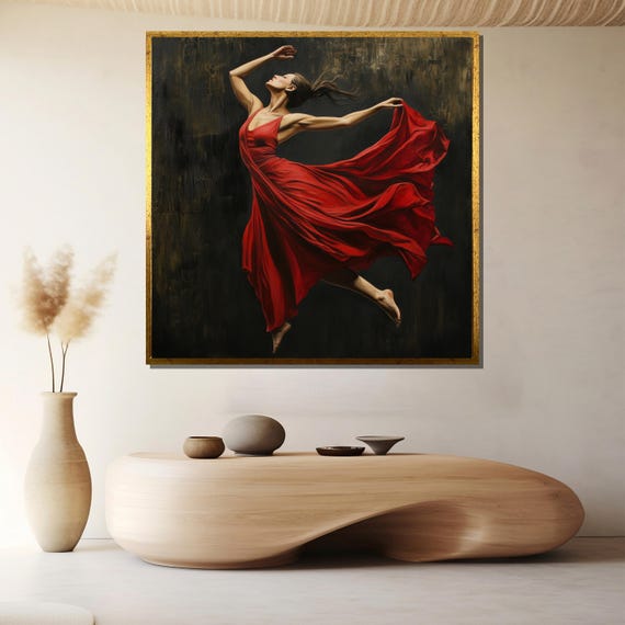 Dancing Woman In Red Dress Painting Elegant Wall Art Gift For Modern Home And Dance Lovers