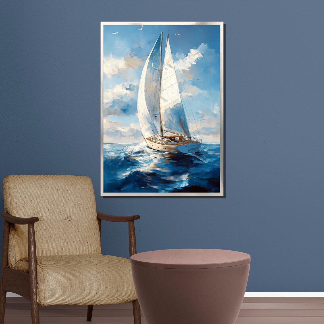 Sailing Yacht White Sails on Bright Blue Open Ocean Seascape Poster - Image 3