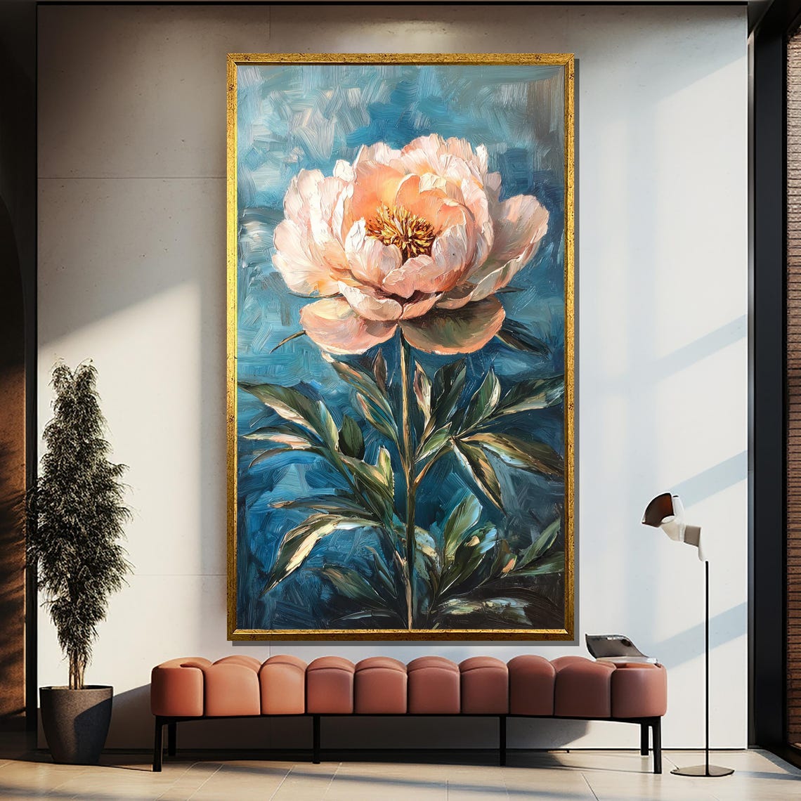 Blush Pink Peony Bloom On Deep Teal Blue Painterly Art Poster