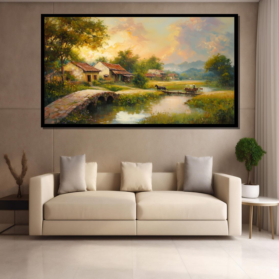 Rustic Stone Bridge Village Stream Horse Cart Sunset Art Poster - Image 4
