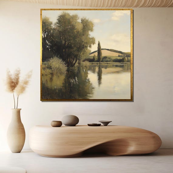 Serenity By The Lake Landscape Painting Perfect Nature Inspired Wall Art Gift For Living Room Or White Minimal Spaces