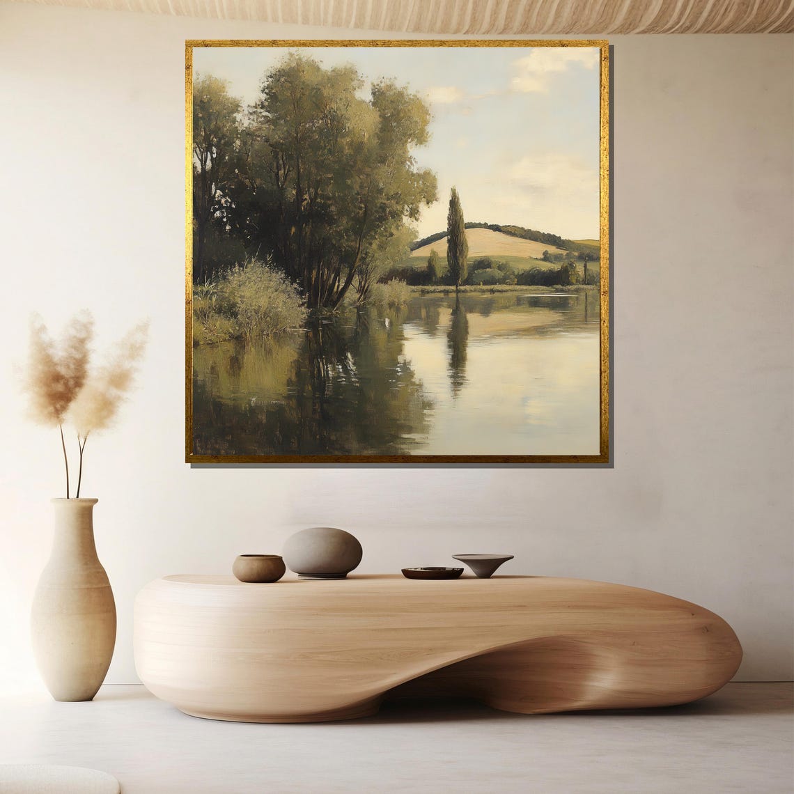 Serene Lakeside Reflections Vintage Landscape Painting Art Poster
