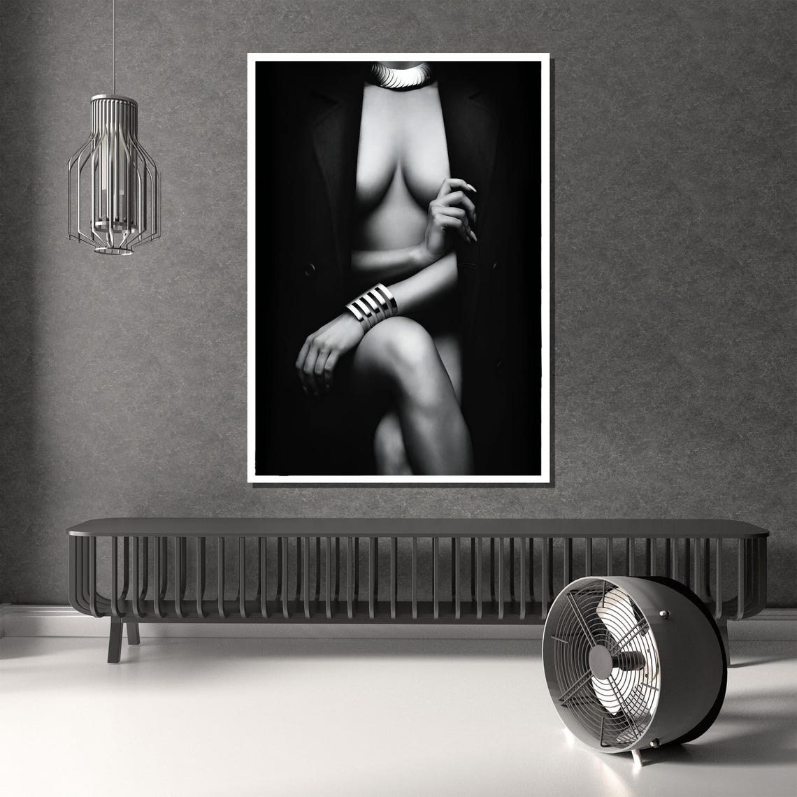 Elegant Black White Fine Art Nude Portrait In Open Coat Poster - Image 3