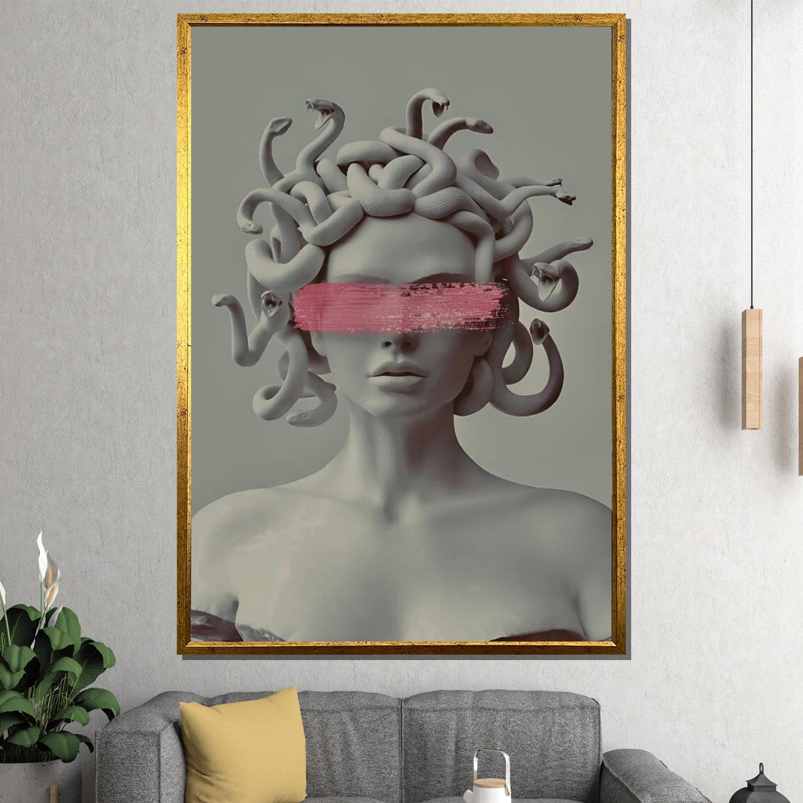 Medusa Sculpture Bust Pink Paint Minimalist Mythology Poster