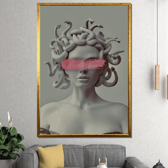 Minimalist Medusa Painting With Pink Accent Bold Wall Art Gift For Modern Home Decor And Unique Artistic Style