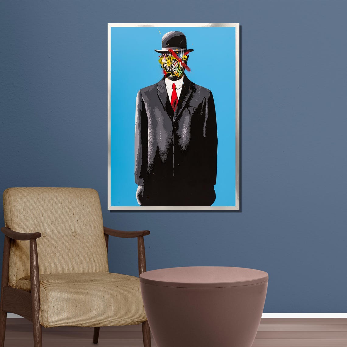 Bowler Hat Man With Graffiti Face on Bright Blue Pop Art Poster - Image 3
