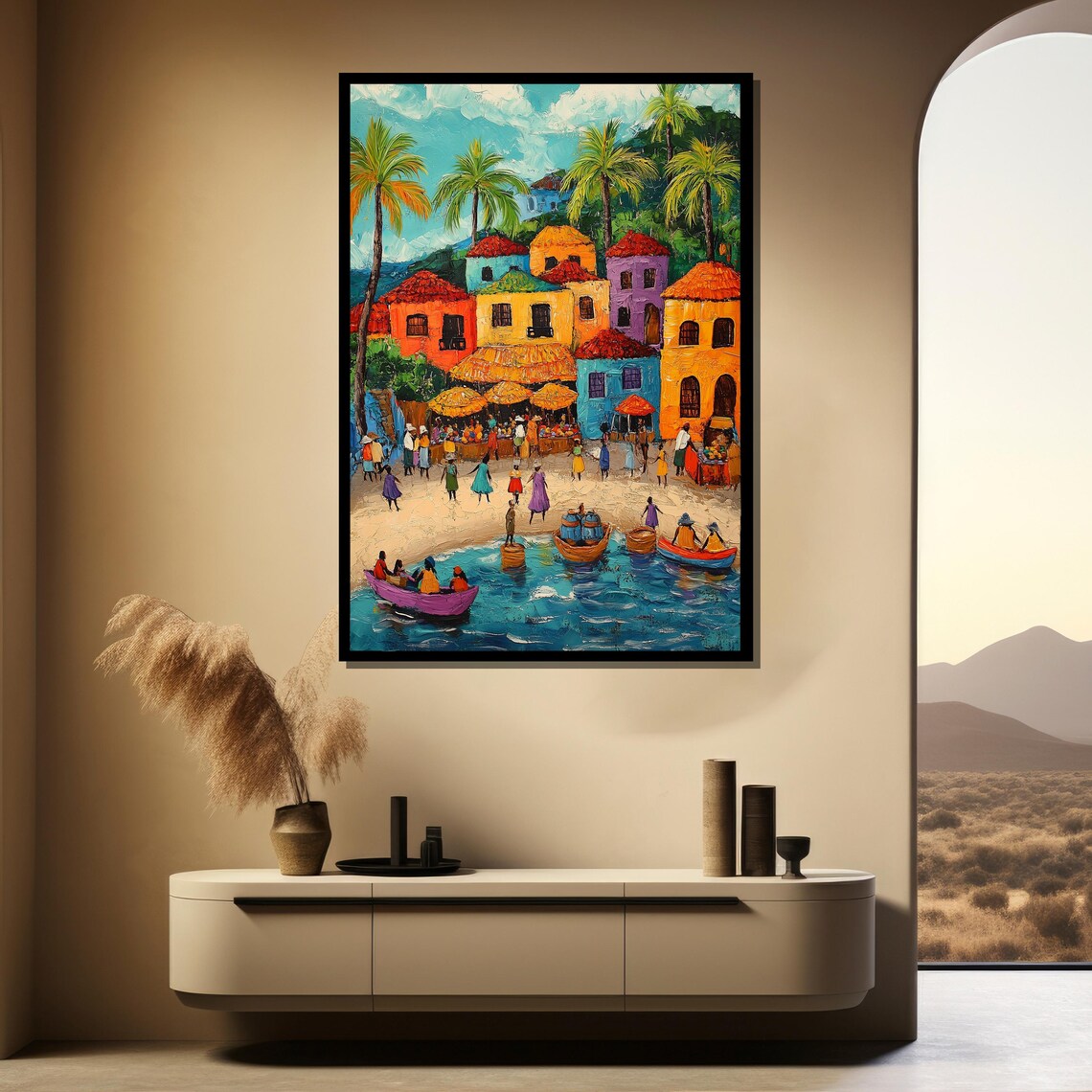 Colorful Caribbean Coastal Village Boats Beach Market Poster - Image 5