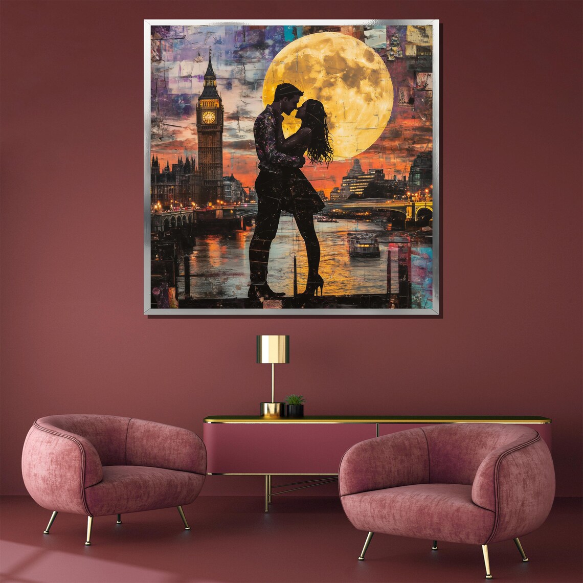 London Full Moon Romance Couple Skyline Big Ben Painting Poster - Image 5