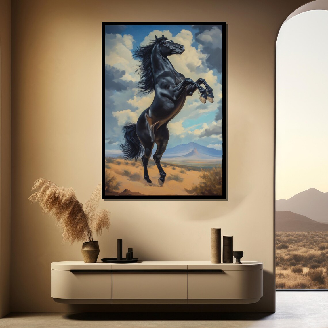 Black Stallion Rearing High Above Rugged Desert Mountains Poster - Image 4